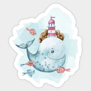 Watercolor cute whale and fish illustration Sticker